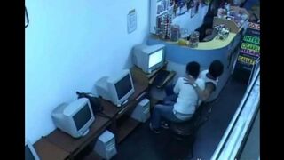 Girl shows her boobs while camming in the Internet cafe