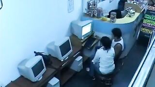 Girl shows her boobs while camming in the Internet cafe
