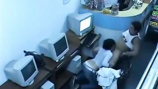 Girl shows her boobs while camming in the Internet cafe
