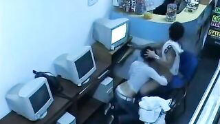 Girl shows her boobs while camming in the Internet cafe