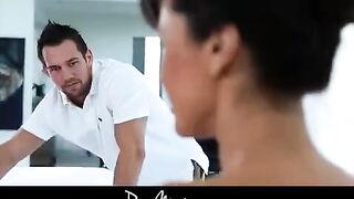 A man fucked her after rubbing oil on her tits