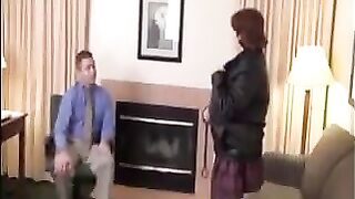 The fat woman in stockings and pantyhose satisfies her boss’s desires