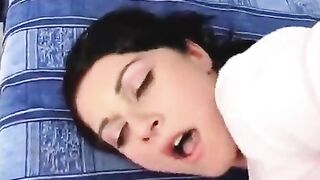 Brunette fucks in her ass hole and gets a lot of cum on her face