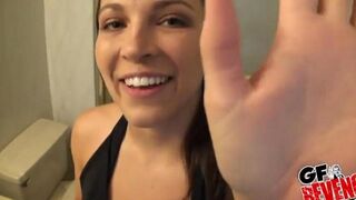 Beautiful woman has a quickie in the bathroom, showcasing passionate teen action