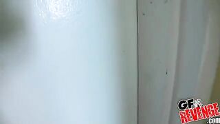 Beautiful woman has a quickie in the bathroom, showcasing passionate teen action