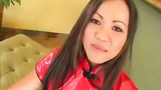 Two guys fucked a cute Korean girl with small natural tits