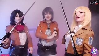 Mikasa, Sasha, and Historia in a wet pussy threesome with close-up action - CUT version