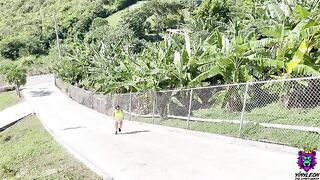 Babe with big boobs runs up the hills to keep her figure in shape