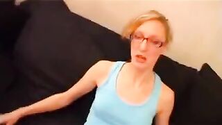 A sexy and thin French girl with glasses got fucked on the couch