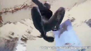 A hot naked chick is fucking in the swimming pool