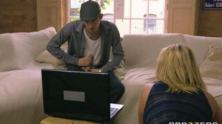 The blonde MILF with big boobs gets fucked on the couch