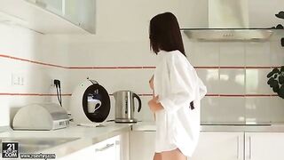 A young brunette has fun with her boyfriend early in the morning