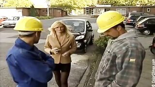 Girl in black pantyhose fucks on the set of adult film