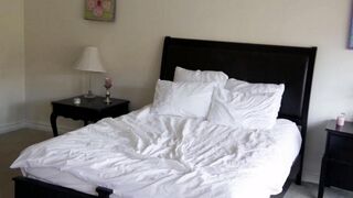 Two cute blondies are having fun on the bed, exploring each other