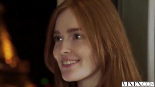 The guy thoroughly licked the red hair of a stunning woman