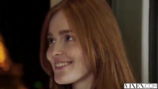 The guy thoroughly licked the red hair of a stunning woman