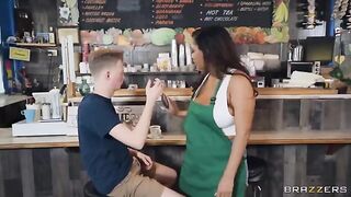 She has big tits and works as a barista in this video
