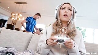 Nerd with glasses gets his cock sucked by hot blondie