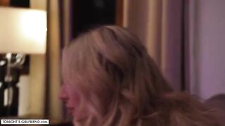 Busty blonde Kayley Gunner, a well-known porn star from Hawaii, gives a foot job while wearing sexy stockings