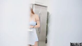 Natural tits shake and get covered in cum in steamy interracial action