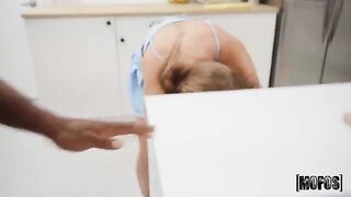 Natural tits shake and get covered in cum in steamy interracial action
