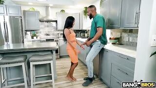 The girl with the small pussy swallows a huge cock on the kitchen table