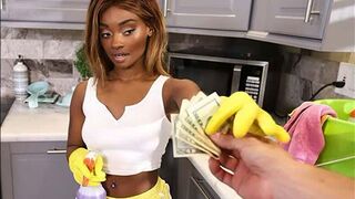A black-skinned maid got a cumshot in her mouth for money, captured in POV style