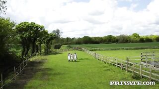 The girl has sex with a guy right in the yard, no one prevents them