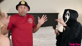 Unexpected visitors have fun with two beautiful and sexy young girls in a roleplay scene