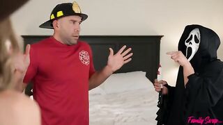 Unexpected visitors have fun with two beautiful and sexy young girls in a roleplay scene