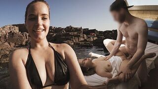 A cute girl is begging for her boyfriend to fuck her on the beach