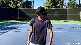The girl demonstrates her skills to a man, showcasing real temptation