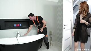 A man fucked in the ass on the couch a red-haired beauty