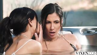 A man is having fun with two girls in paradise
