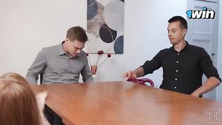 A hot woman has sex with her boss and colleagues
