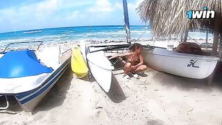 A couple enjoys passionate and rough sex right on the nude beach
