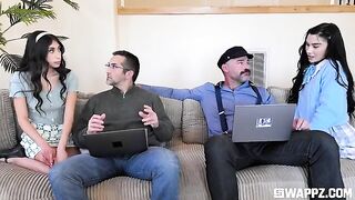 Cute girls arranged a surprise for their stepfather on the couch