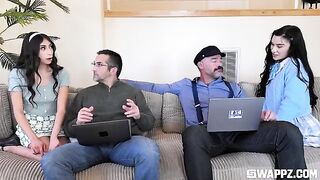 Cute girls arranged a surprise for their stepfather on the couch