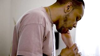A black guy licks the shaved pussy of his blond mistress