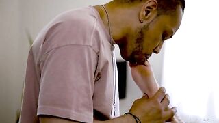 A black guy licks the shaved pussy of his blond mistress