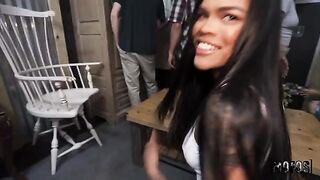 The cutie will suck all the fluid from her lover’s impressive cock