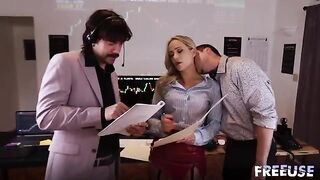 A whore for every trader! A hot FFM threesome in the office!
