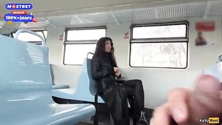 A chick blows stranger's dick in the train, she gets a messy cumshot