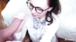 Russian girl with glasses gets cum on her face after intense action
