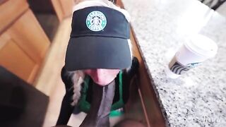 Busty barista gets her holes carved by a huge dick