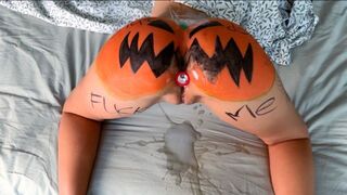 The girl was fucked in the pumpkin, imitating a sex act