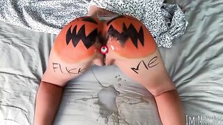 The girl was fucked in the pumpkin, imitating a sex act