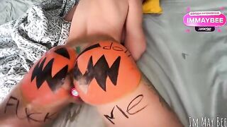 The girl was fucked in the pumpkin, imitating a sex act