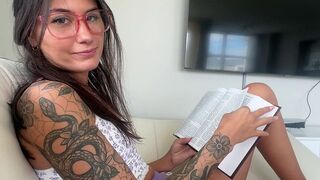 The guy is trying to study, but the girl is fucking with him again