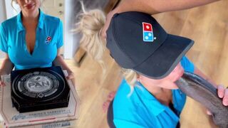A girl received a big black pizza and her face was covered with cumshot